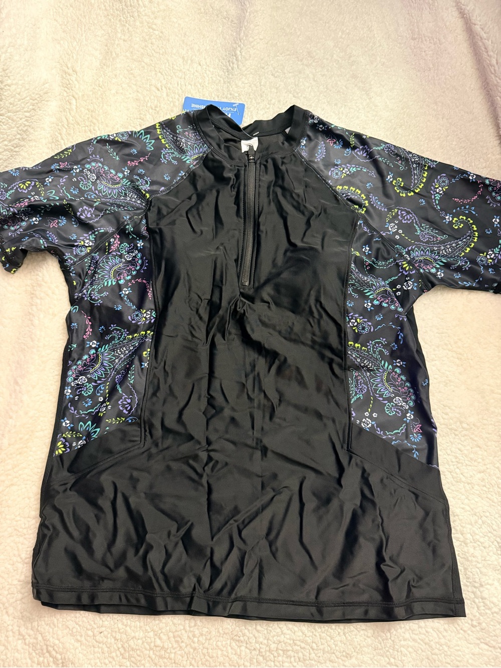 Women's Black Rash Guard Swim Top with Paisley-Print Sleeves
